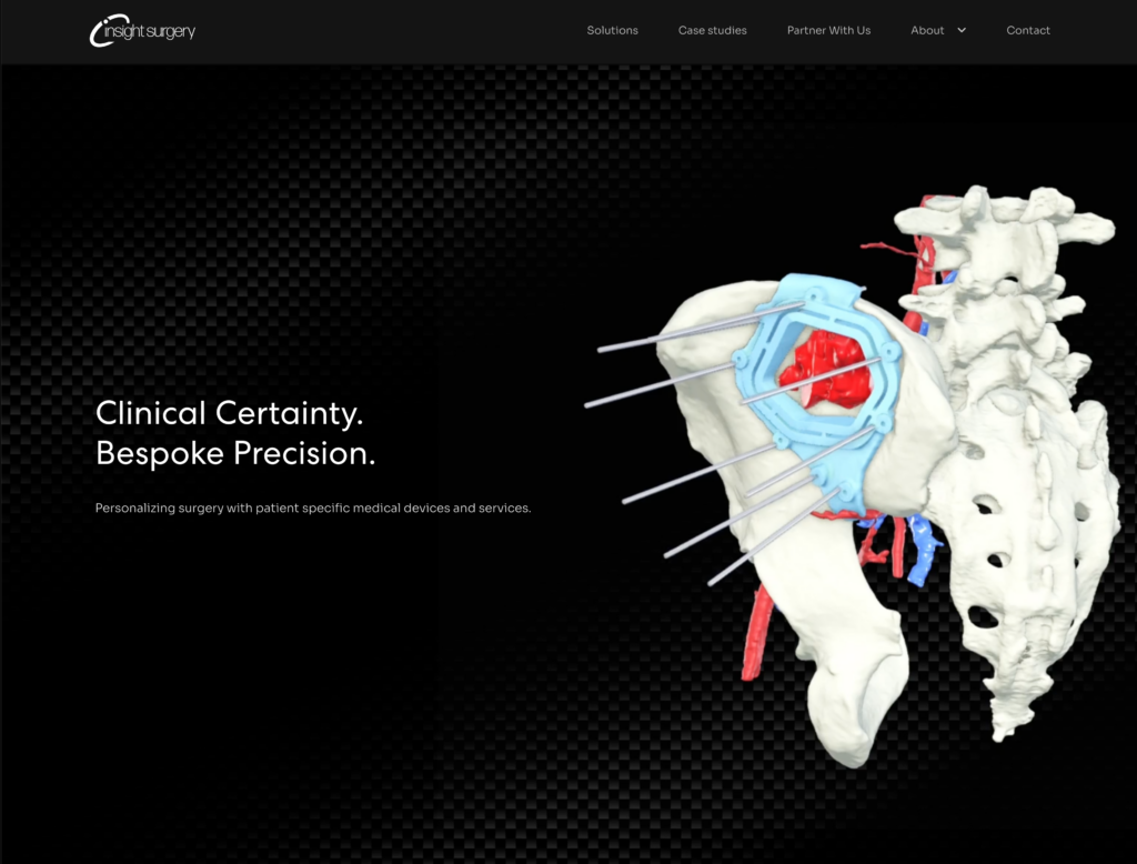 Insight Surgery homepage showing a 3D pelvic model with a patient-specific surgical guide