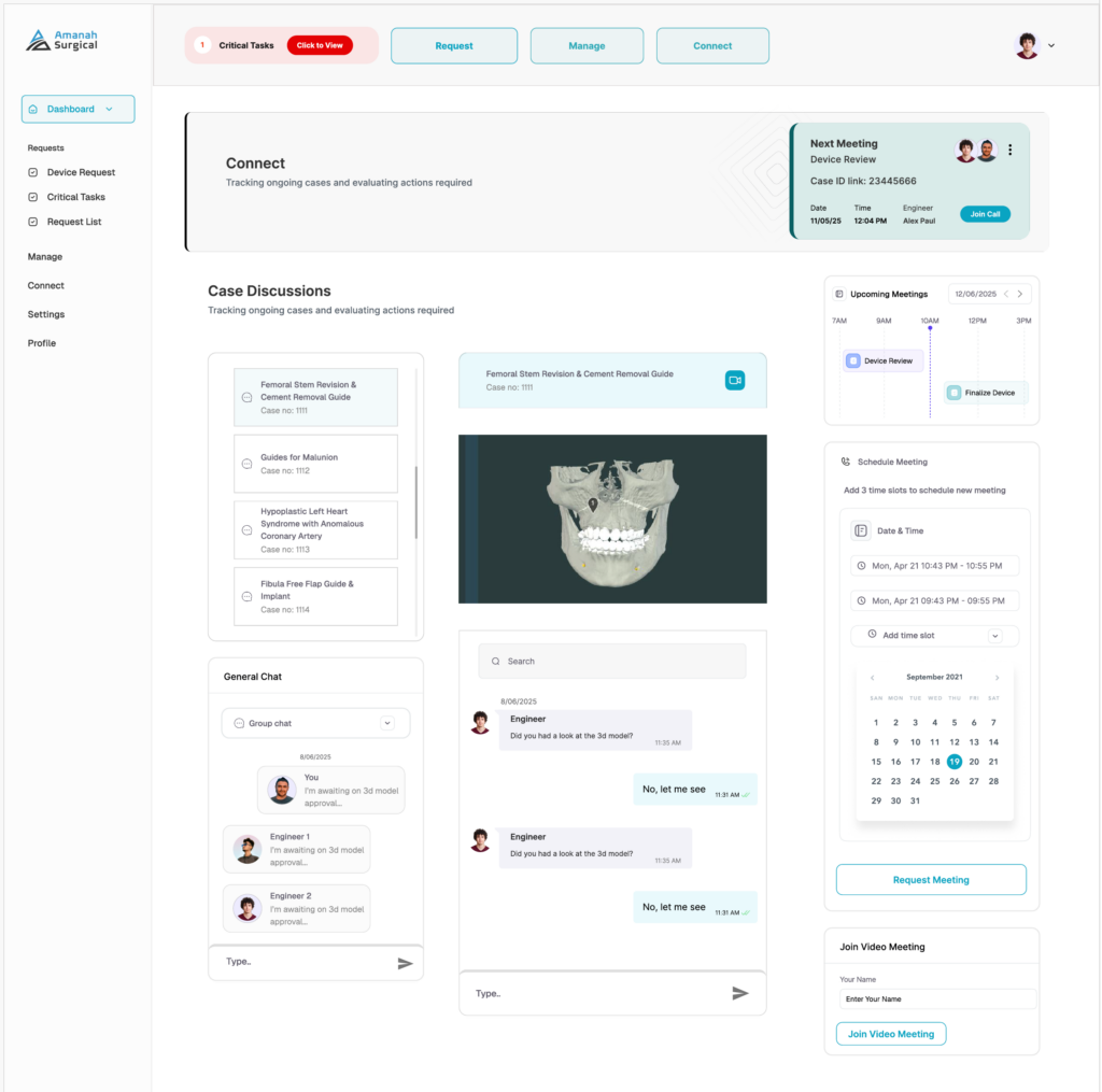 Amanah Surgical application: case discussions, a 3D model of a skull, team chat and meeting scheduling