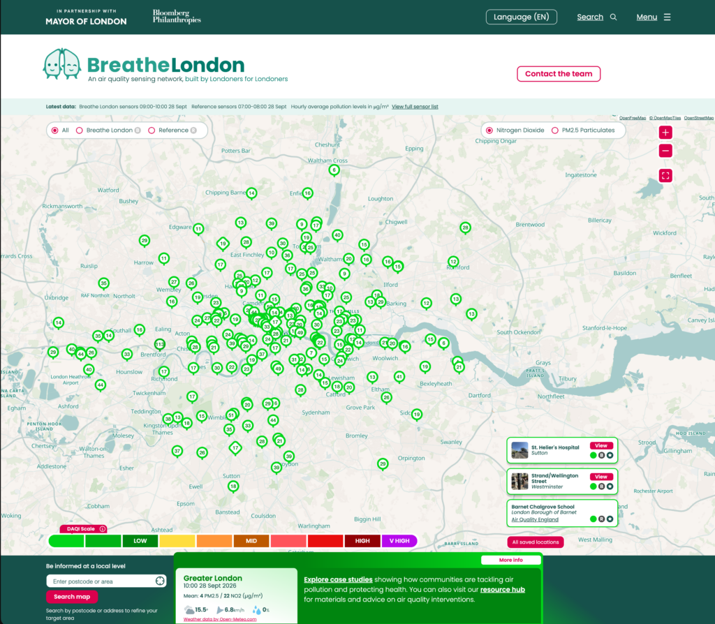 Breathe London website: a map of London showing air-quality sensor readings