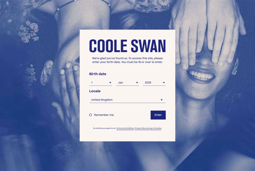 Coole Swan age gate asking for date of birth and locale before entry