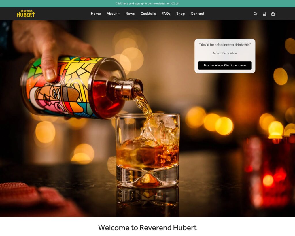 Reverend Hubert homepage: a bottle being poured over ice below the site navigation, with a customer quote and buy button